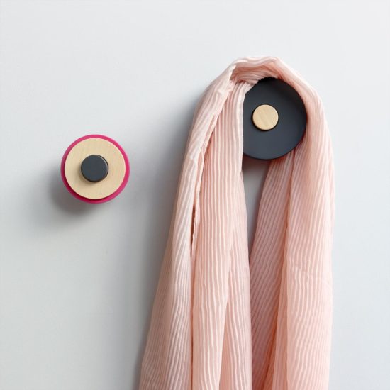 Decorative wooden wall hooks BLACK + PINK with pink scarf